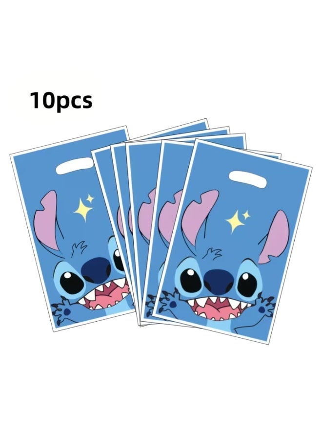 عبوة من 10 أكياس بلاستيكية لحفلات أعياد الميلاد بتصميم ستيتش، أكياس هدايا، لوازم حفلات الأطفال، أكياس حلوى، لون أزرق